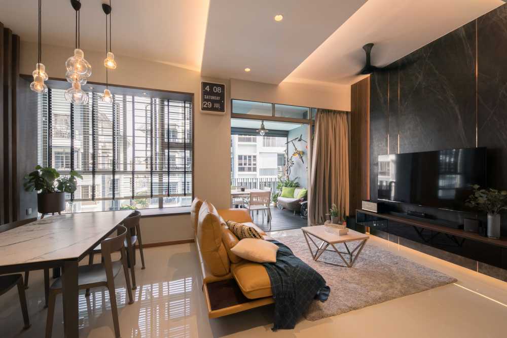 Contemporary Living Room with TV Console and Ceiling Light