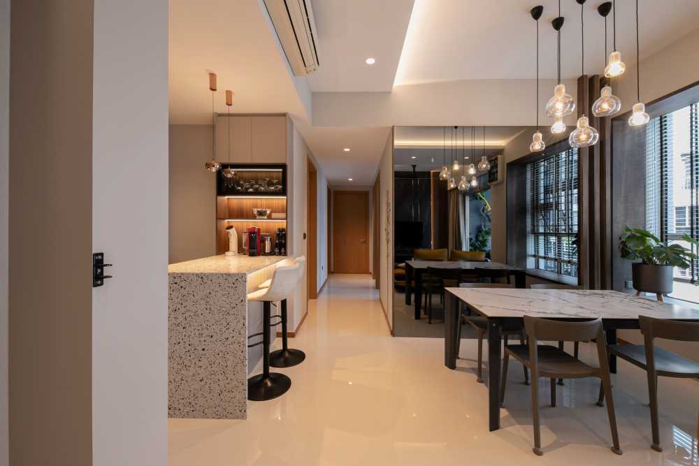 Contemporary Dining Room with Cove Lighting and Ceiling Light
