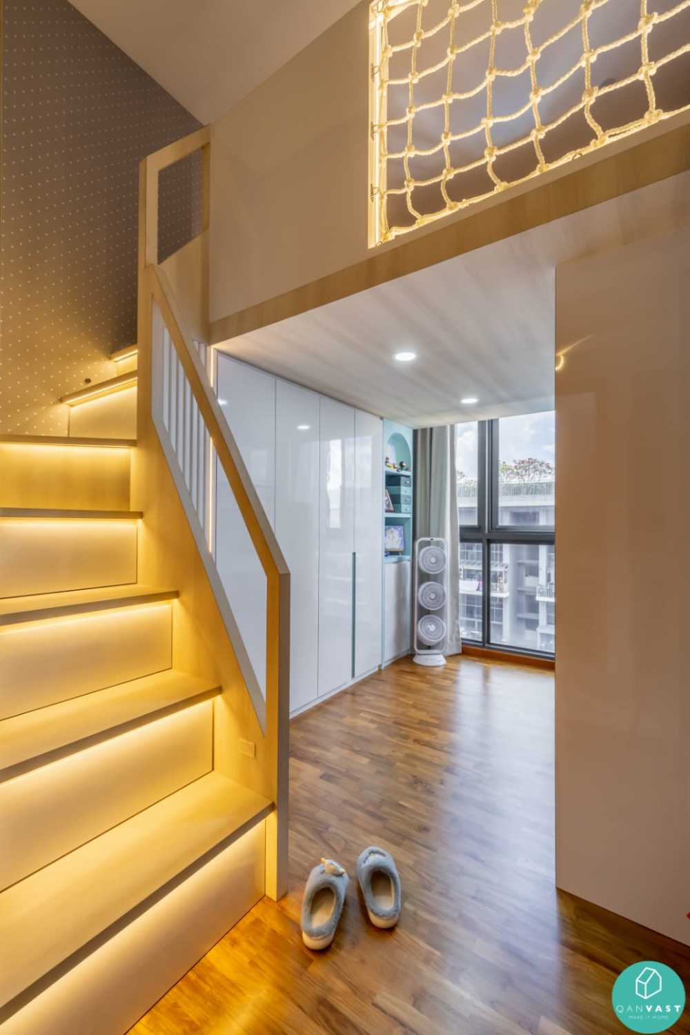 Modern Bedroom with Staircase and Lighting