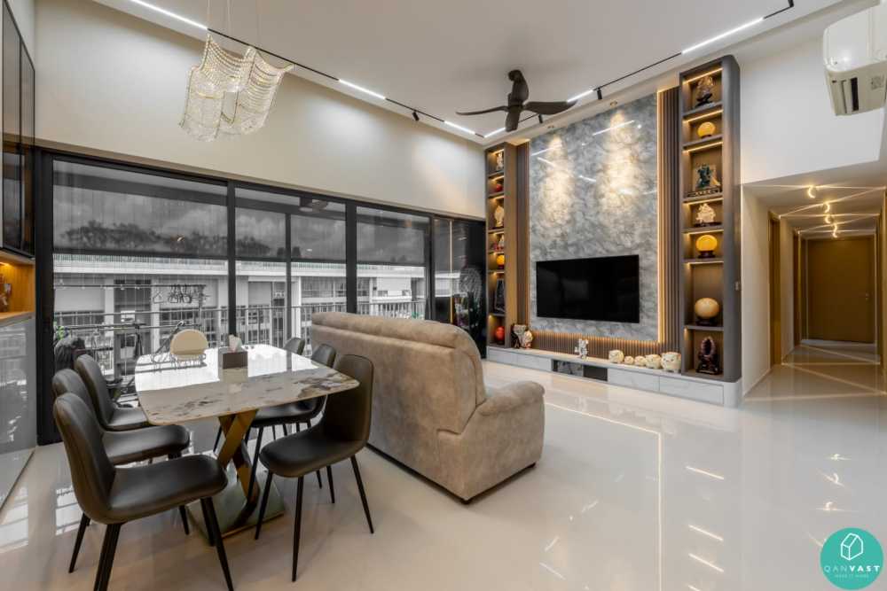 Modern Living Room with Homogeneous Tiles and TV Console