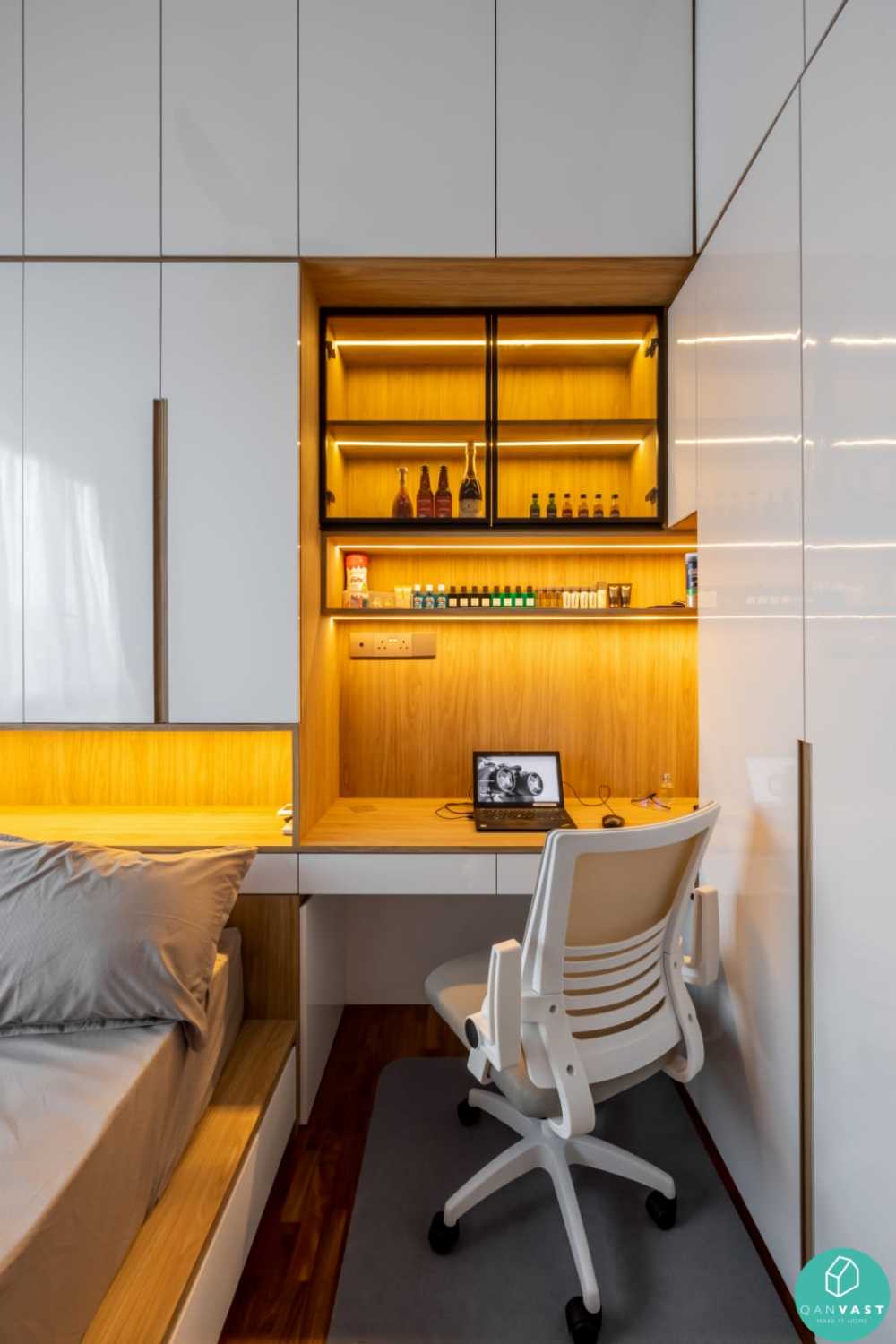 Modern Bedroom with Bookshelf and Homogeneous Tiles