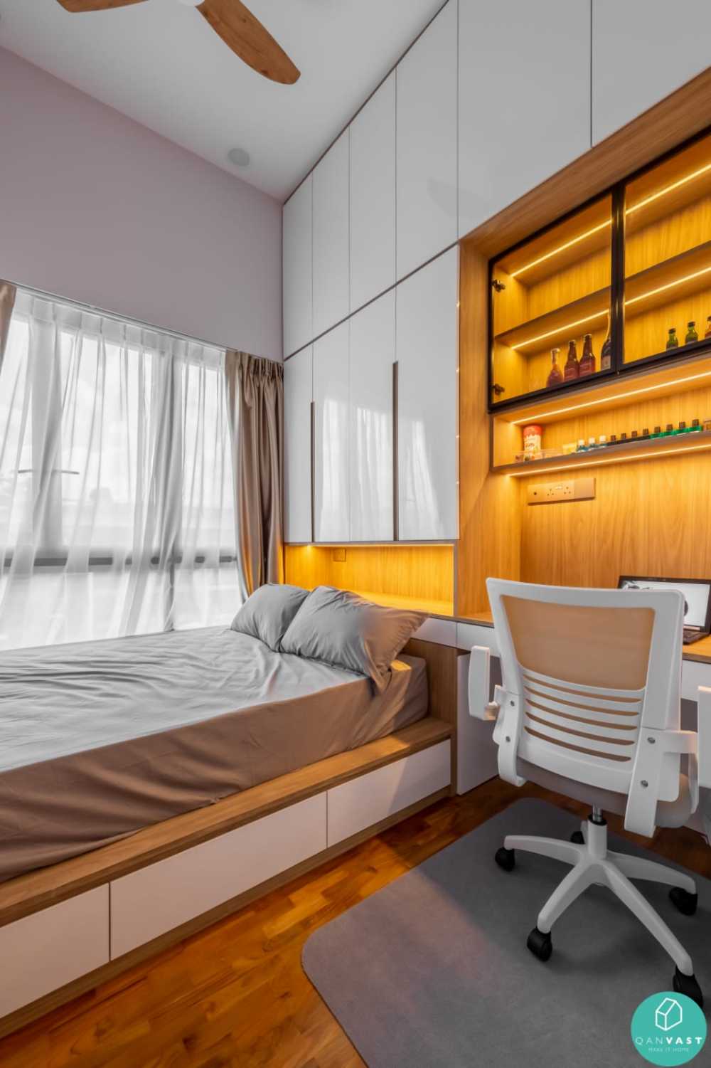 Modern Bedroom with Bookshelf and Queen Bed