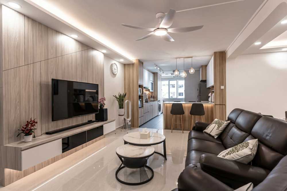 Modern Living Room with Marble Floor and Feature Wall