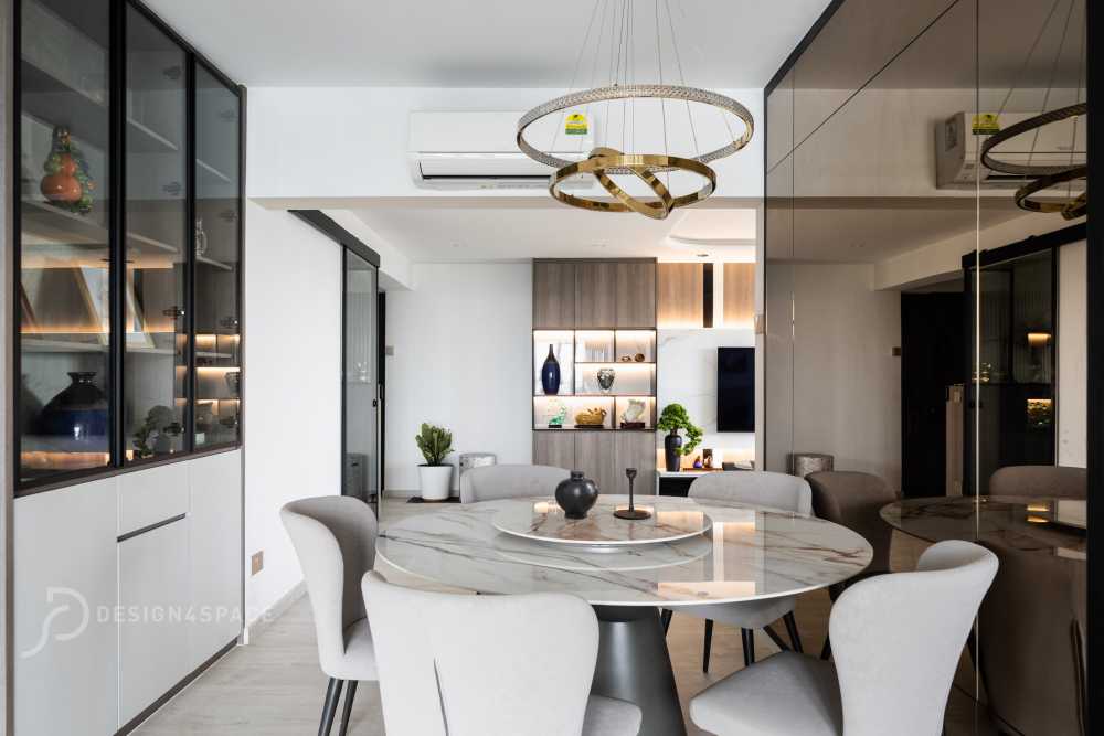 Modern Dining Room with Drop Light and Chandelier