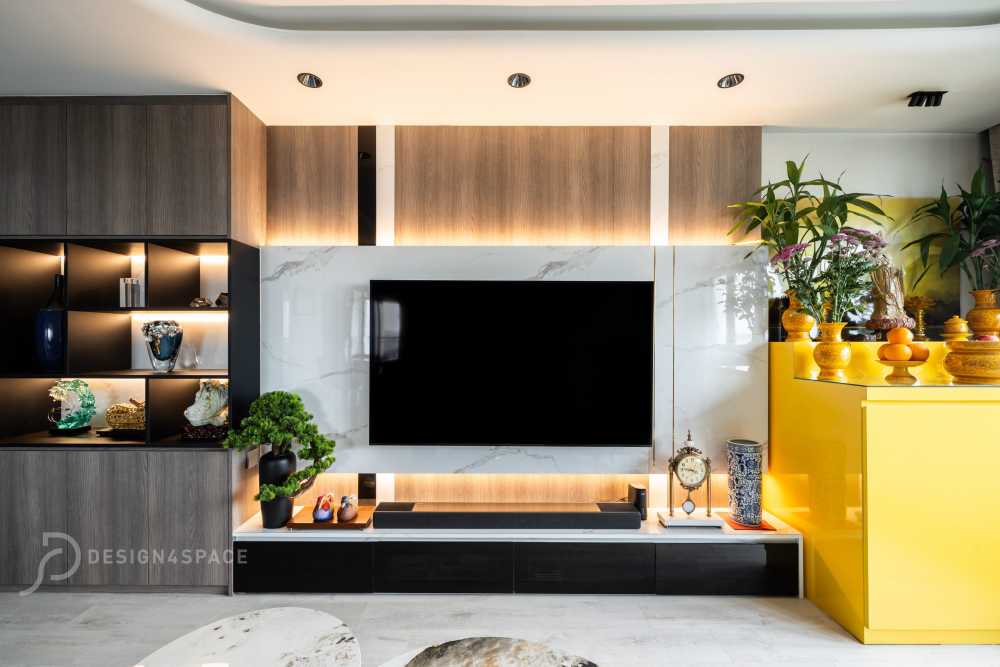 Modern Living Room with Wood Flooring and Feature Wall