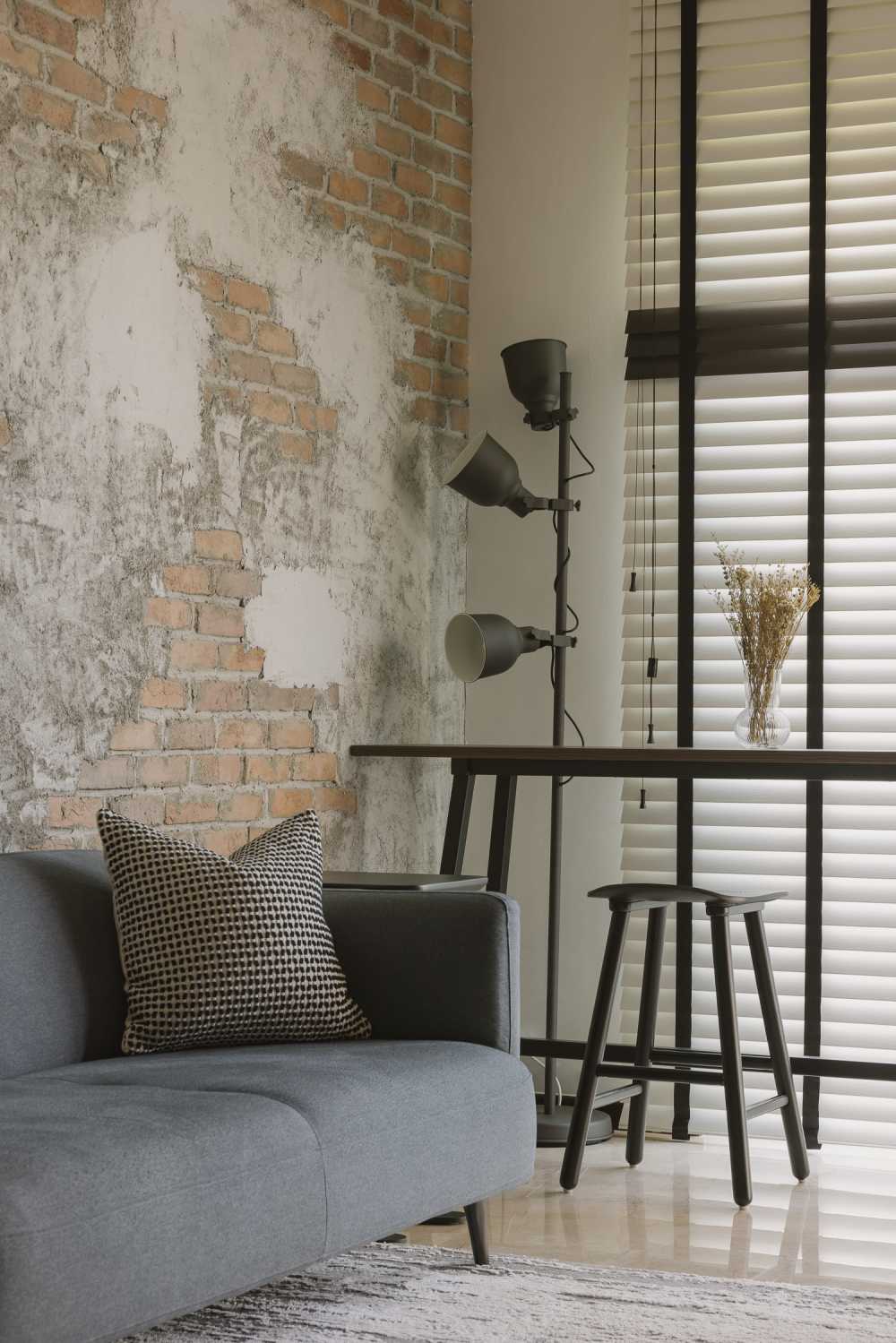 Industrial Living Room with Feature Wall and Bar Counter