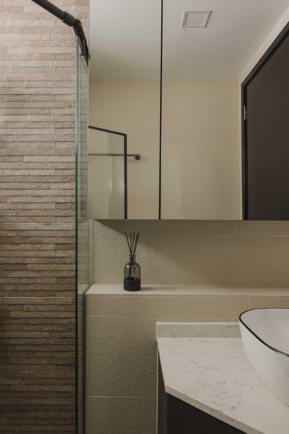 Industrial Bathroom with Feature Wall and Mirror