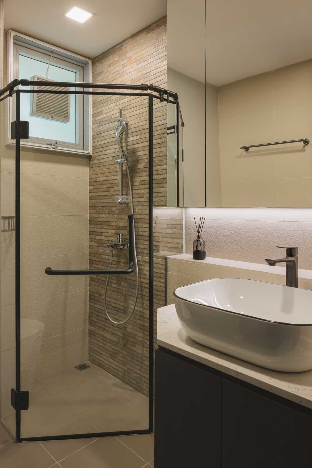 Industrial Bathroom with Feature Wall and Mirror