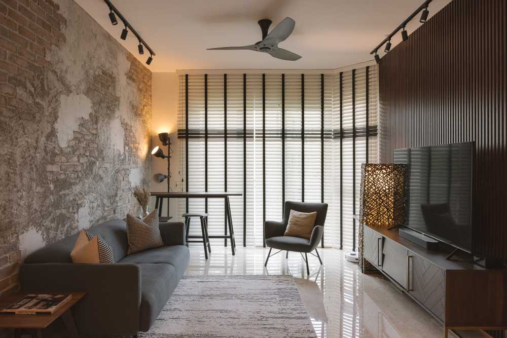 Industrial Living Room with Feature Wall and Sofa