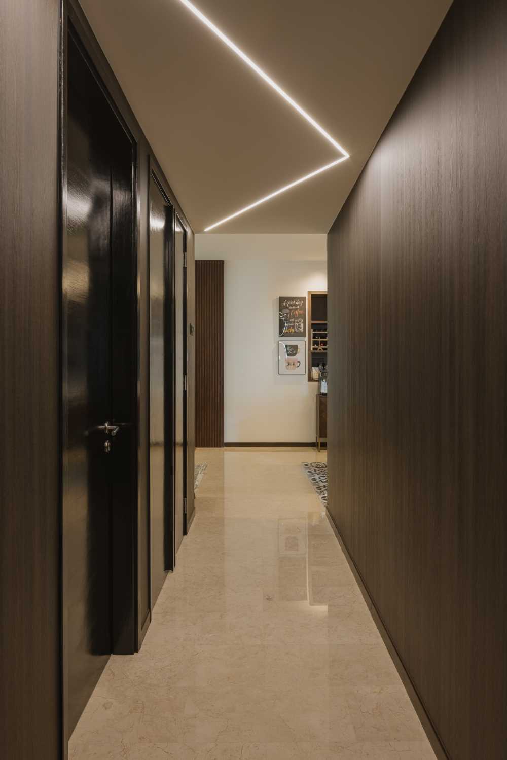 Industrial Hallway with Marble Floor and Feature Wall