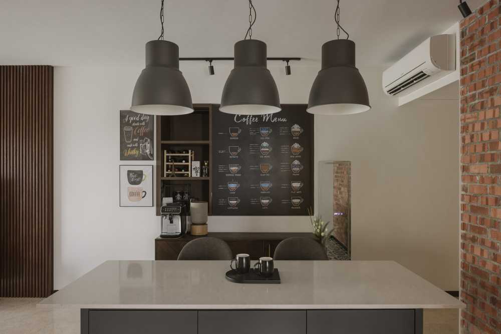 Industrial Dining Room with Artwork and Breakfast Counter