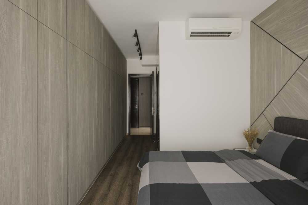 Industrial Bedroom with Vinyl Flooring and Feature Wall