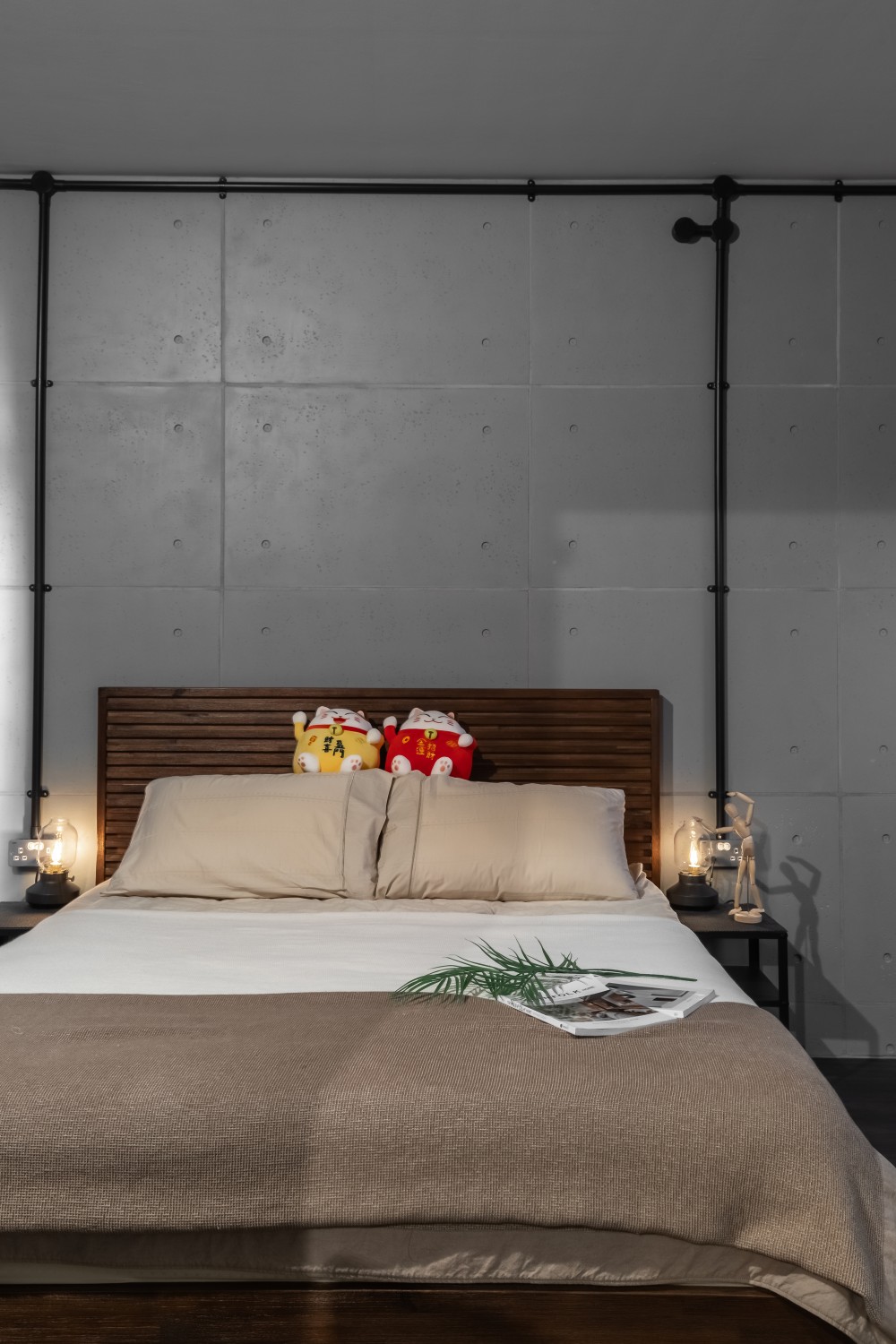 Industrial Bedroom with Vinyl Flooring and Feature Wall