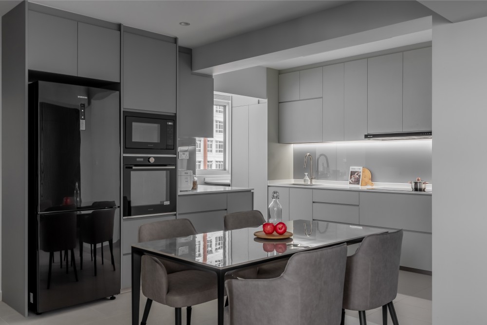 Minimalist Dining Room with Open Kitchen and Downlights