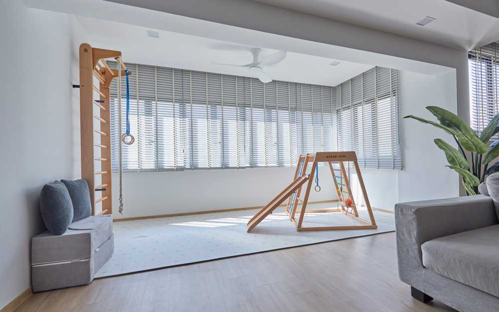 Scandinavian Gaming Room with Window Grille and Paintings