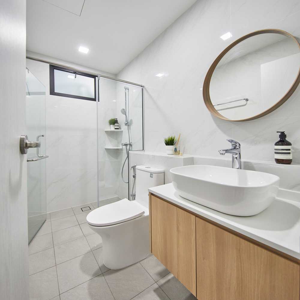 Scandinavian Bathroom with Shower Screen and Bathroom Storage