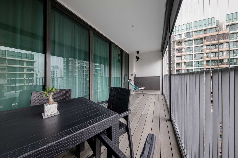 Modern Balcony with Window Grille and Curtain