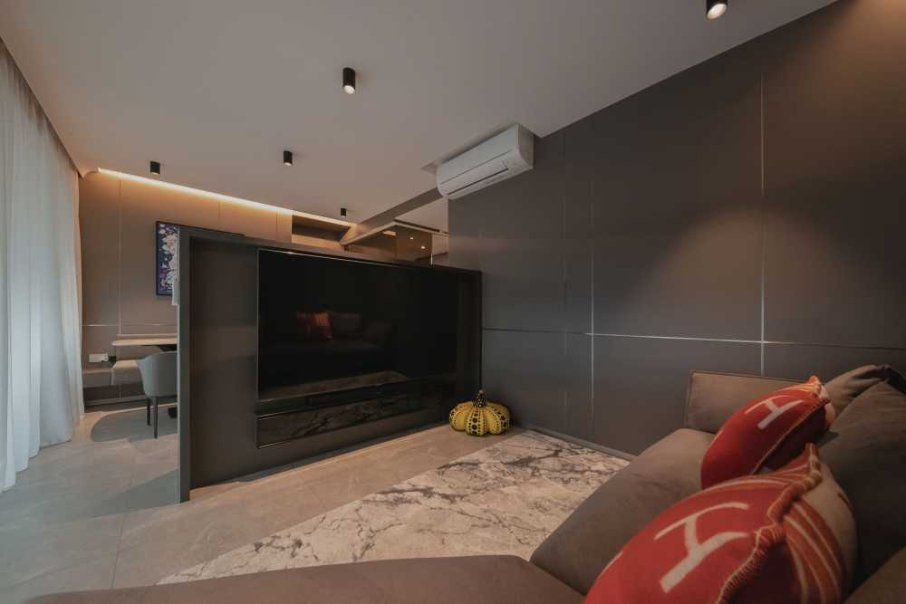 Modern Living Room with Homogeneous Tiles and TV Console
