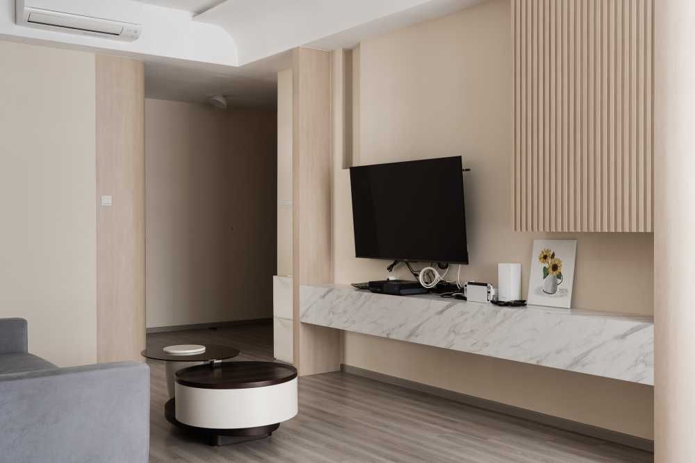 Minimalist Living Room with Vinyl Flooring and TV Console