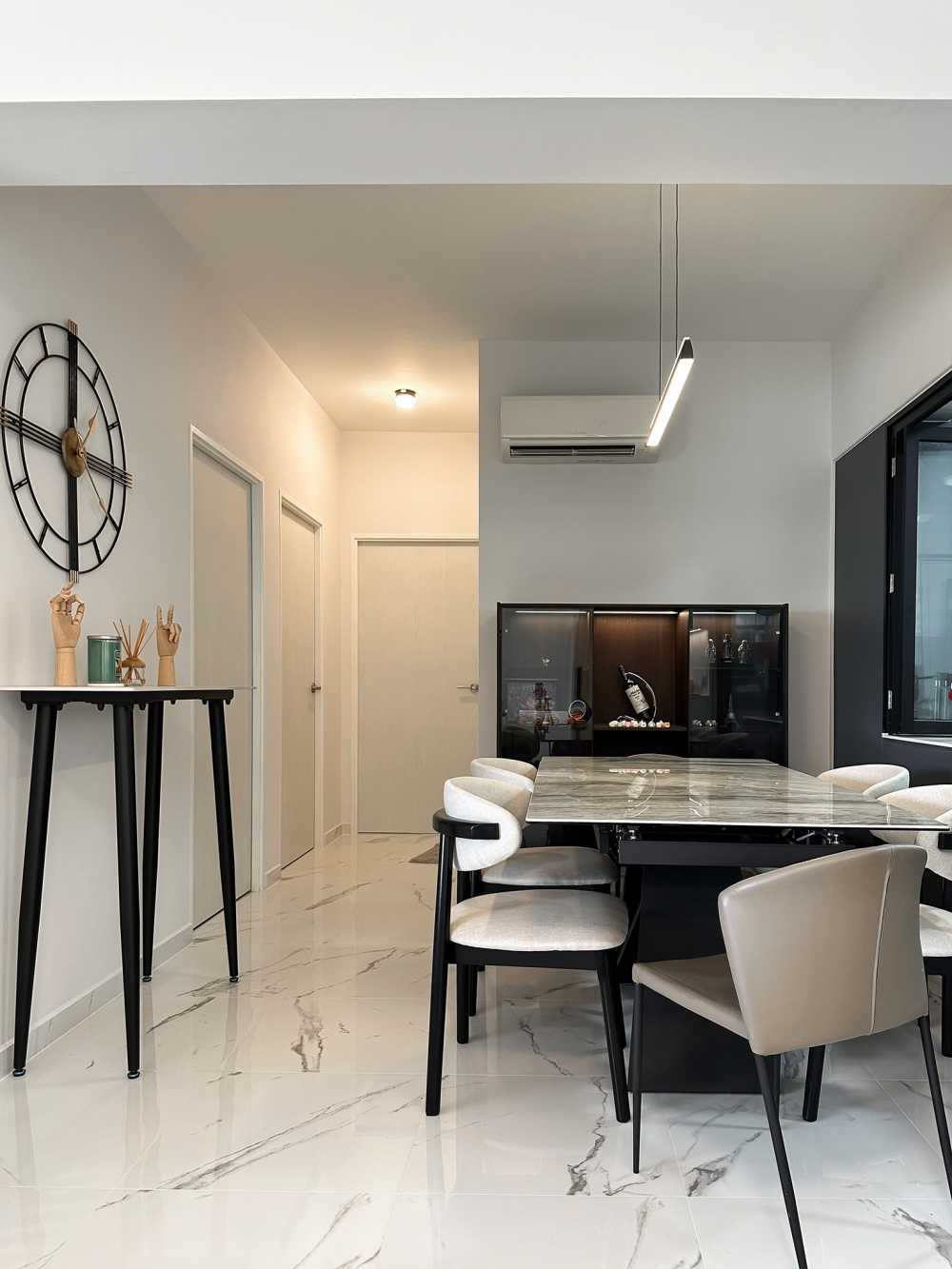 Scandinavian Dining Room with Dining Table and Paintings