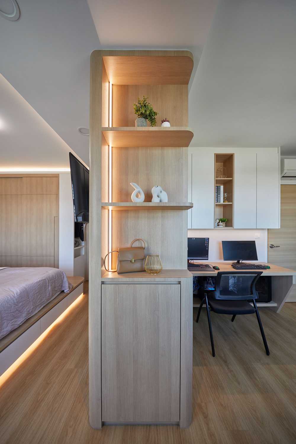 Scandinavian Bedroom with Storage Cabinets and Display Cabinets