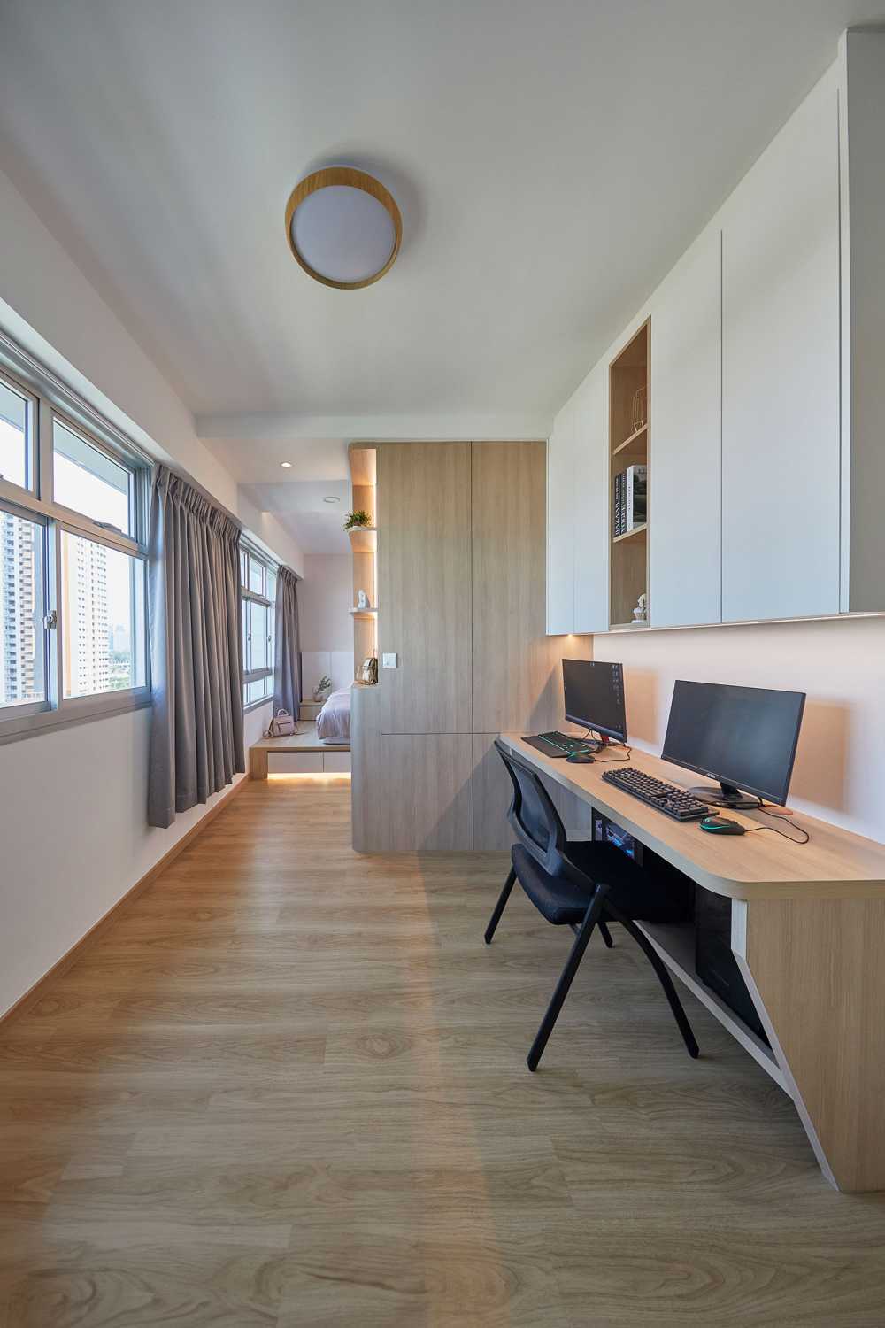Scandinavian Bedroom with Bookshelf and Wardrobe