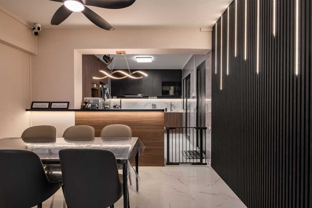 Scandinavian Dining Room with Cove Lighting and Dining Table