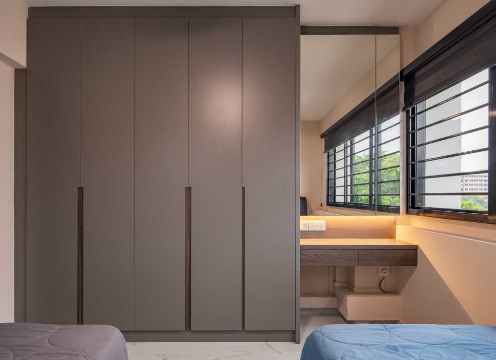 Scandinavian Bedroom with Homogeneous Tiles and Wardrobe