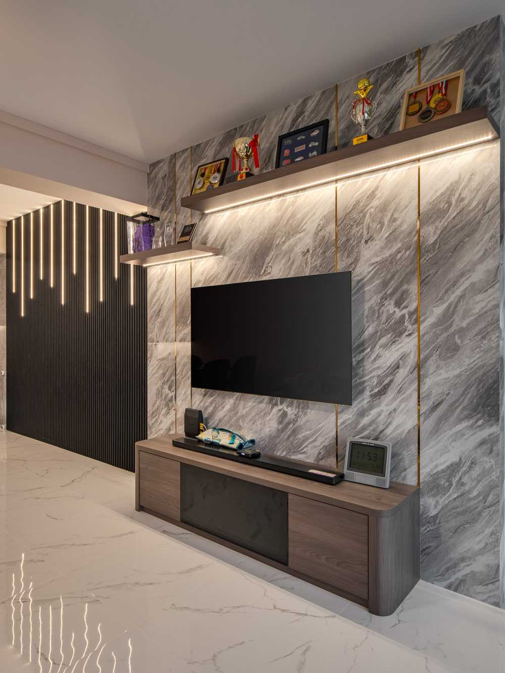 Scandinavian Living Room with TV Console and Feature Wall