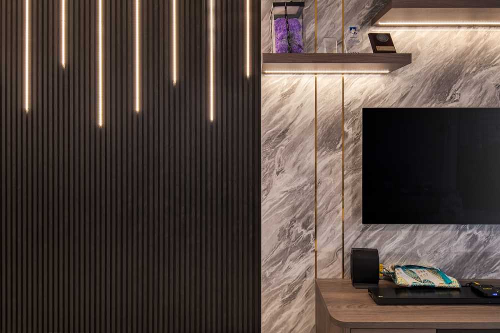 Scandinavian Living Room with TV Console and Feature Wall