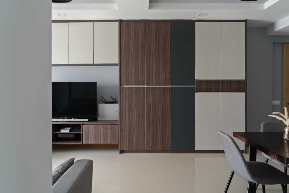 Contemporary Living Room with Bookshelf and TV Console