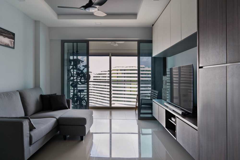 Contemporary Living Room with Homogeneous Tiles and TV Console