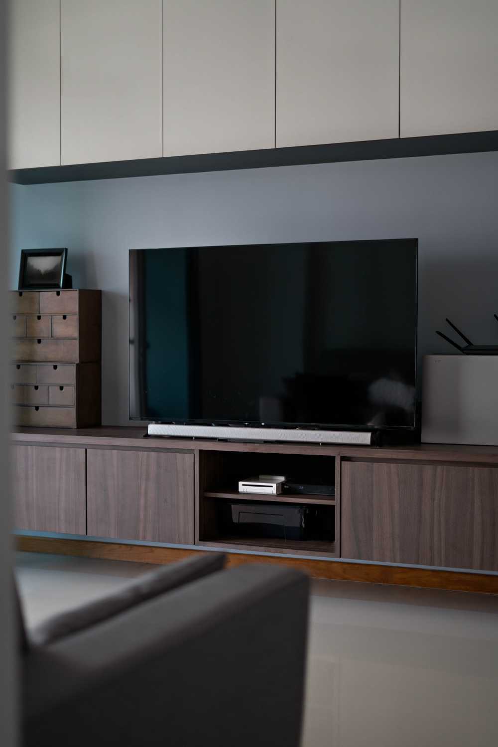 Contemporary Living Room with Wood Flooring and TV Console