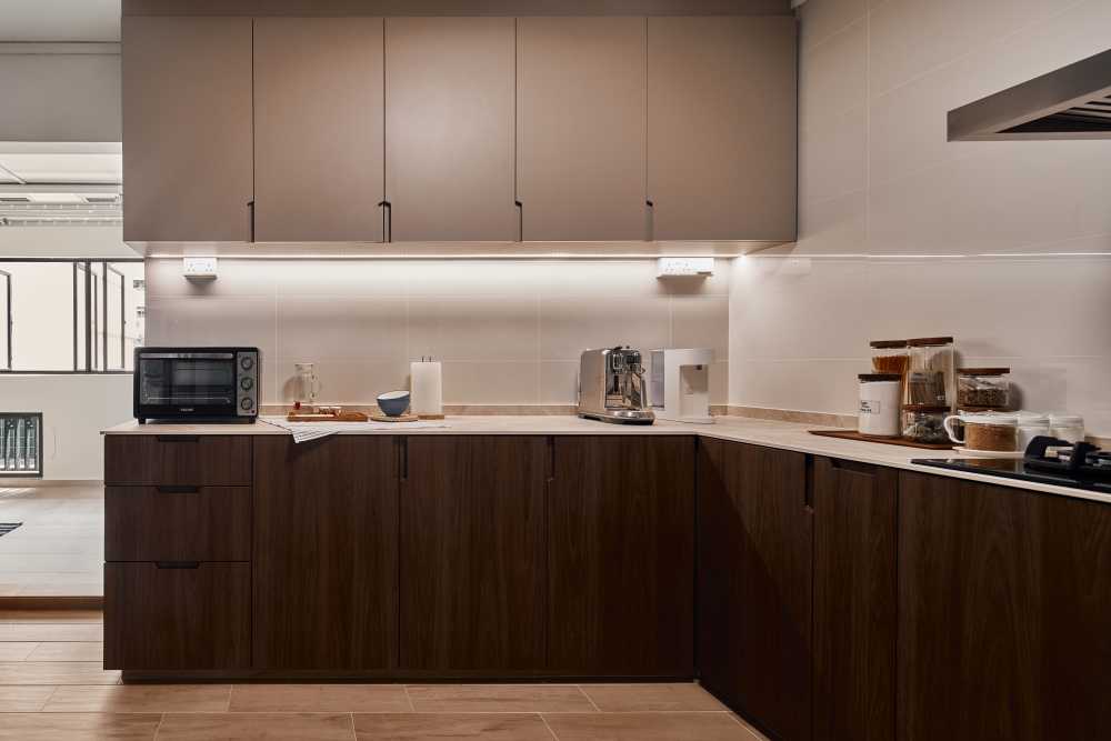 Contemporary Kitchen with Parquet Floor and Kitchen Window