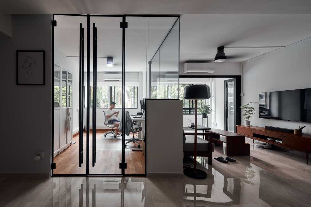 Contemporary Living Room with TV Console and Chandelier