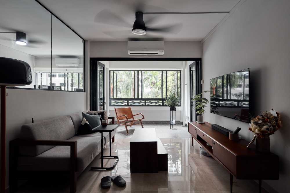 Contemporary Living Room with Granite Floor and Feature Wall