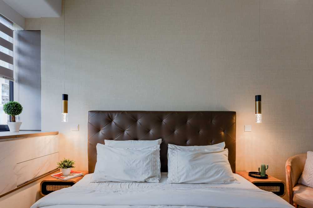 Contemporary Bedroom with Platform Bed and Herringbone Tiling