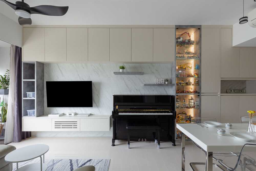 Contemporary Living Room with Homogeneous Tiles and Herringbone Tiling