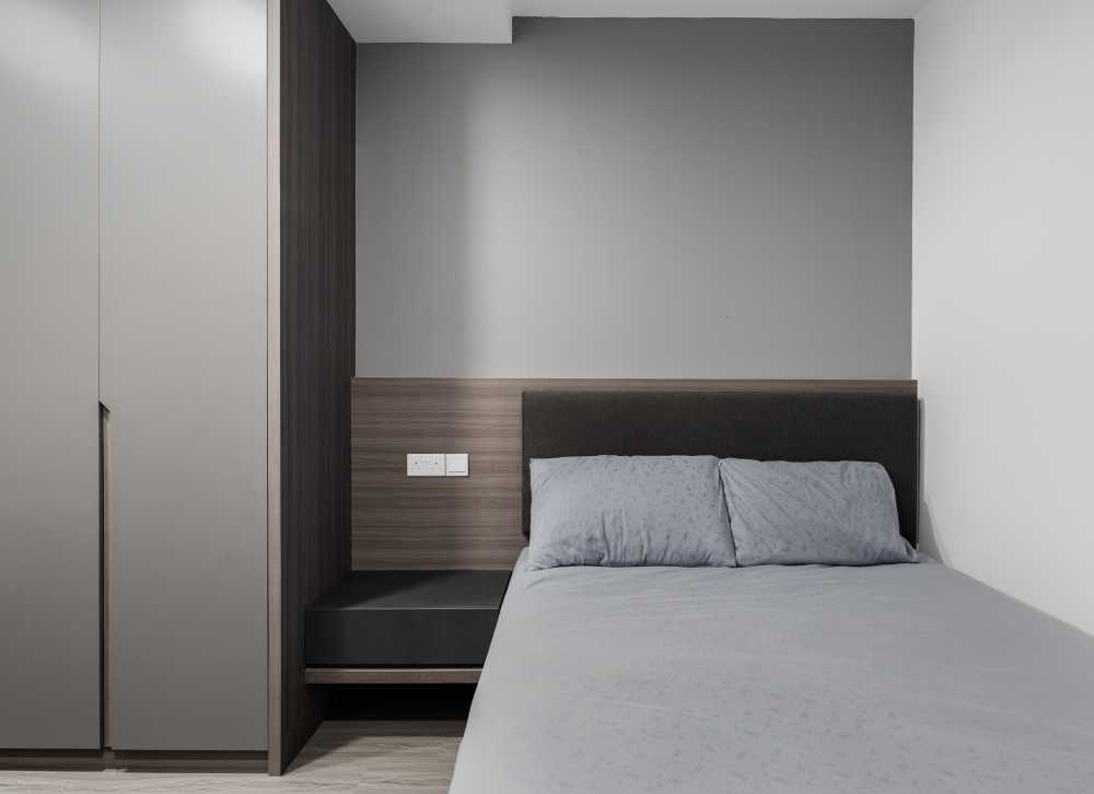 Contemporary Bedroom with Herringbone Tiling and Parquet Floor