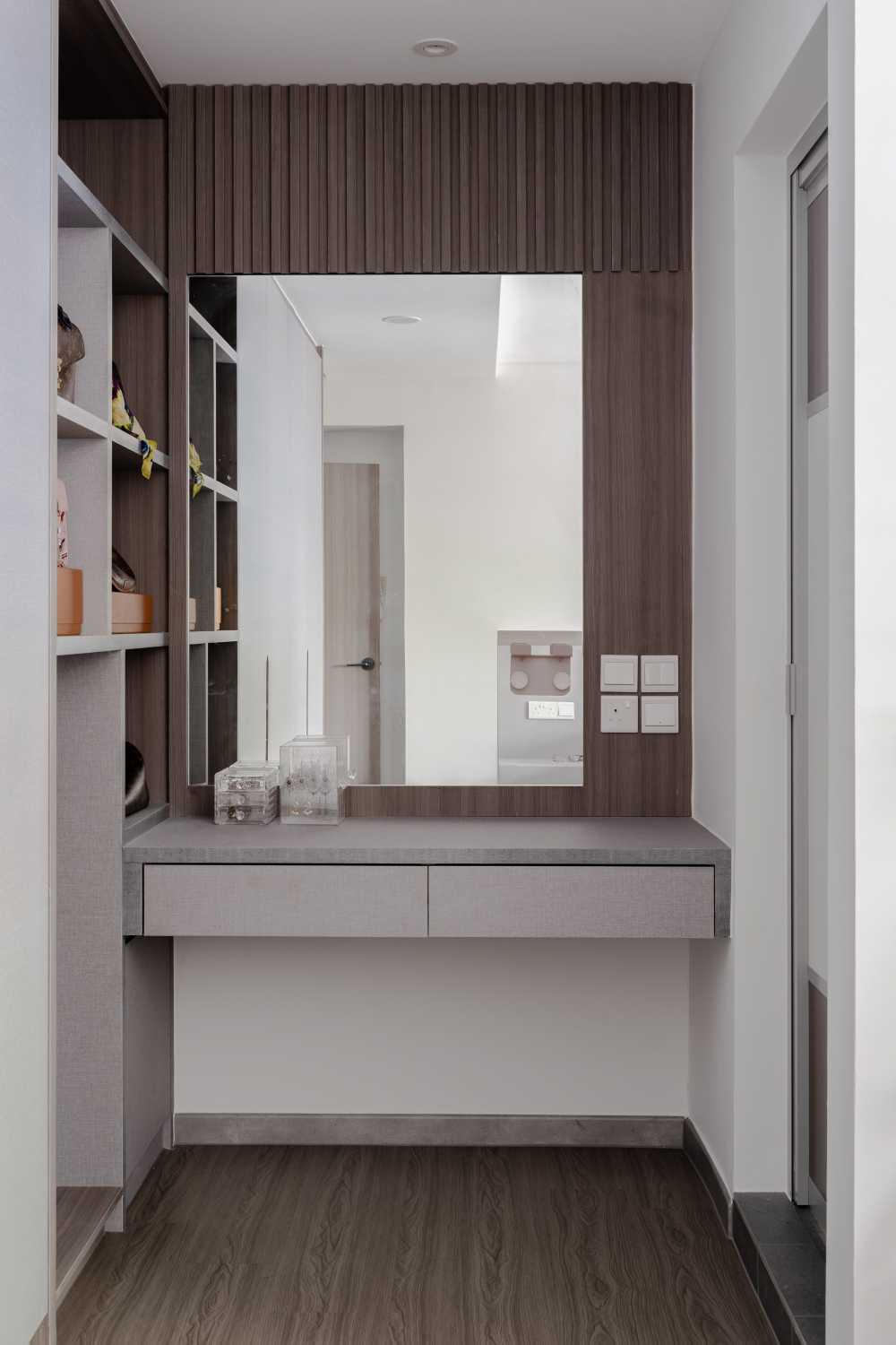 Contemporary Bedroom with Herringbone Tiling and Cement Floor
