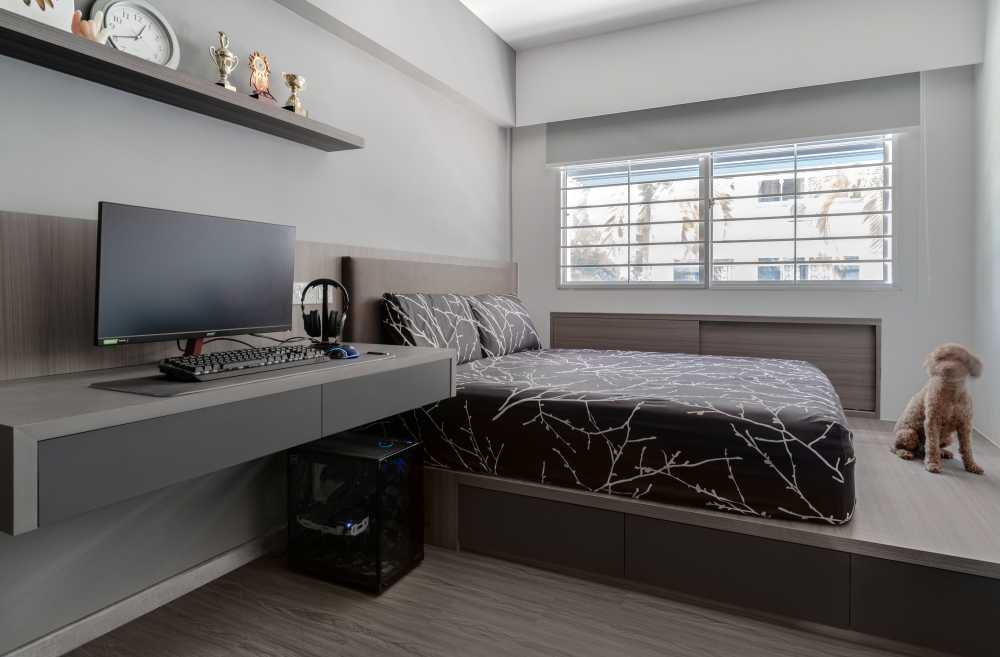 Contemporary Bedroom with Parquet Floor and Wood Flooring