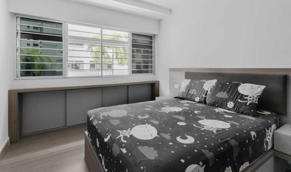 Contemporary Bedroom with Herringbone Tiling and Parquet Floor