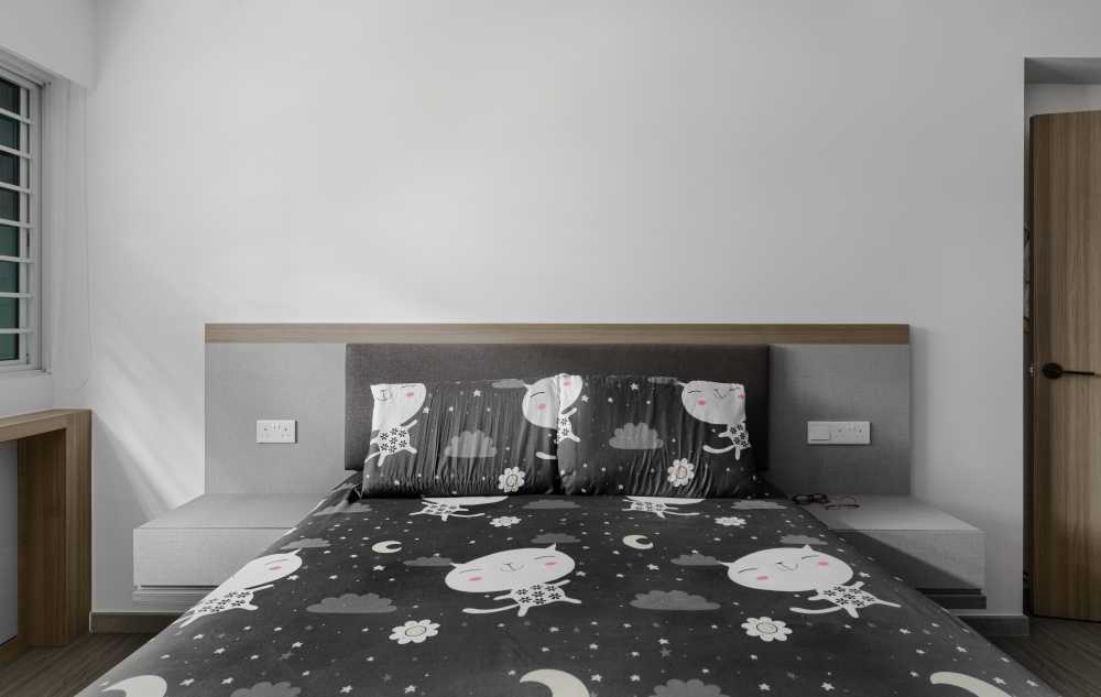 Contemporary Bedroom with Closet and Roller Blinds