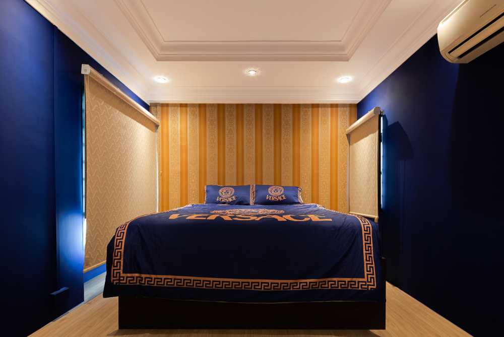Vintage Bedroom with Herringbone Tiling and Wood Flooring