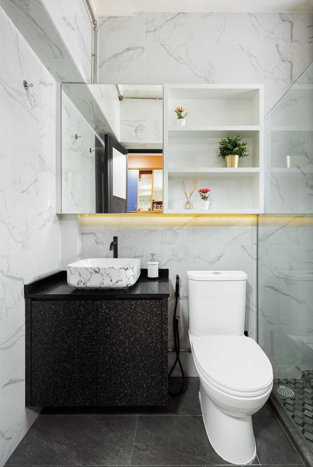Vintage Bathroom with Cement Floor and Wood Flooring