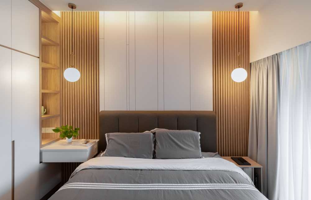 Contemporary Bedroom with Wood Flooring and Drop Light