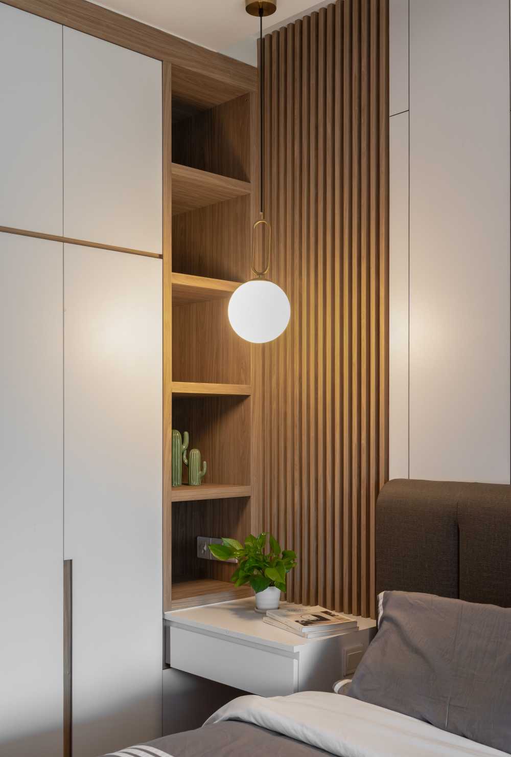 Contemporary Bedroom with Platform Bed and Cement Floor