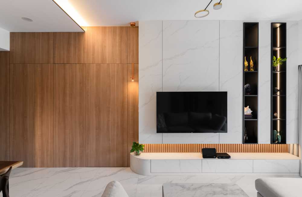 Contemporary Living Room with Herringbone Tiling and Cement Floor