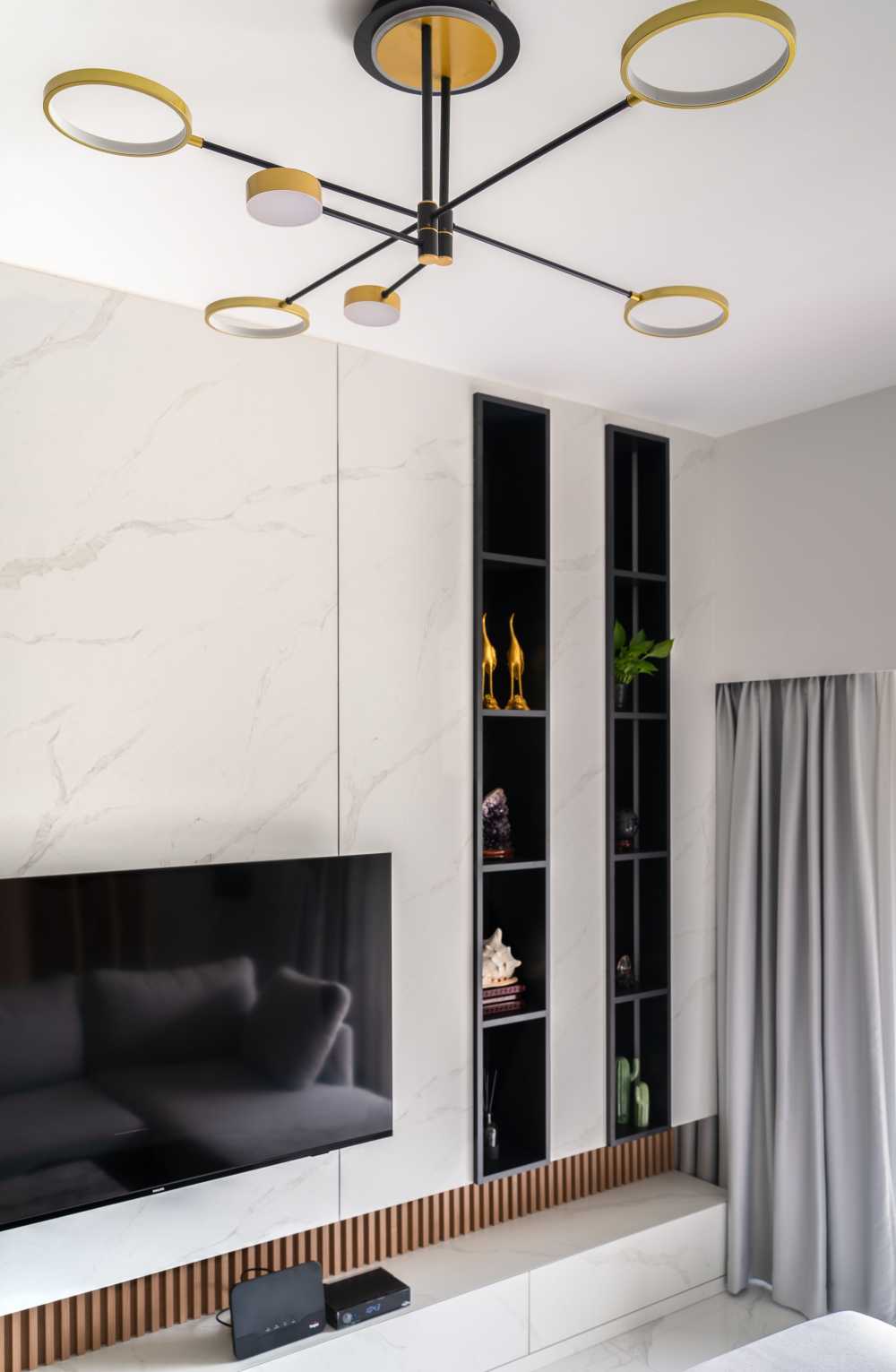 Contemporary Living Room with Homogeneous Tiles and Herringbone Tiling