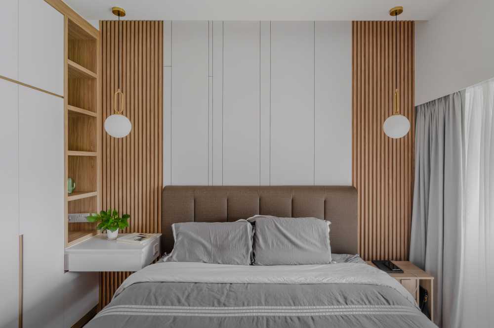 Contemporary Bedroom with Platform Bed and Herringbone Tiling